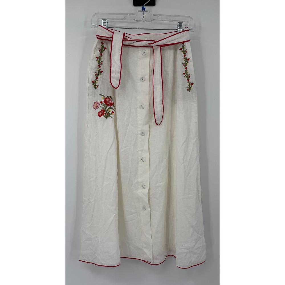 Eliane‎ Rose White Linen Blend Floral Embroidered Button Front Midi Skirt Size 2